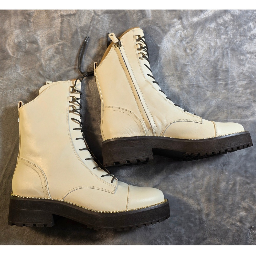 Sam Edelman Lenley Boot‎ Women 10.5 Ivory Leather Chain Welt Lug Sole Combat NEW